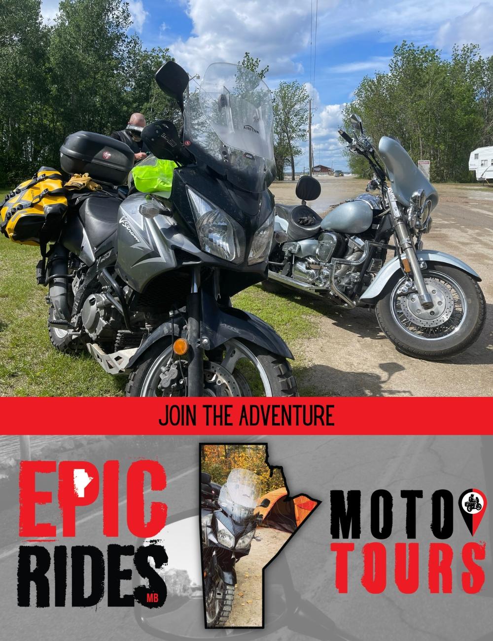 Poster for Epic Rides MB Moto Tours. Poster include and image of two motorcycles and the Epic Rides MB logo.